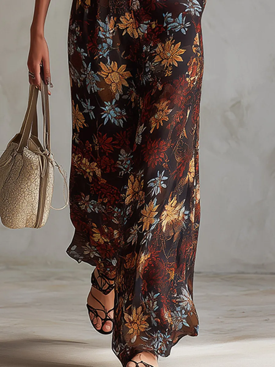 Retro Vacation Floral Print Black Chiffon Jumpsuit sold by Oyrosy product image thumbnail 4