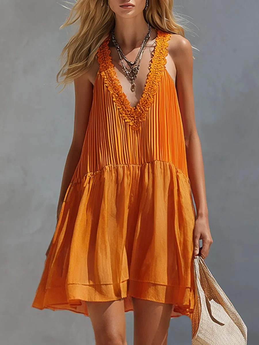 Casual And Elegant Orange Pleated Chiffon Mini Dress sold by Oyrosy