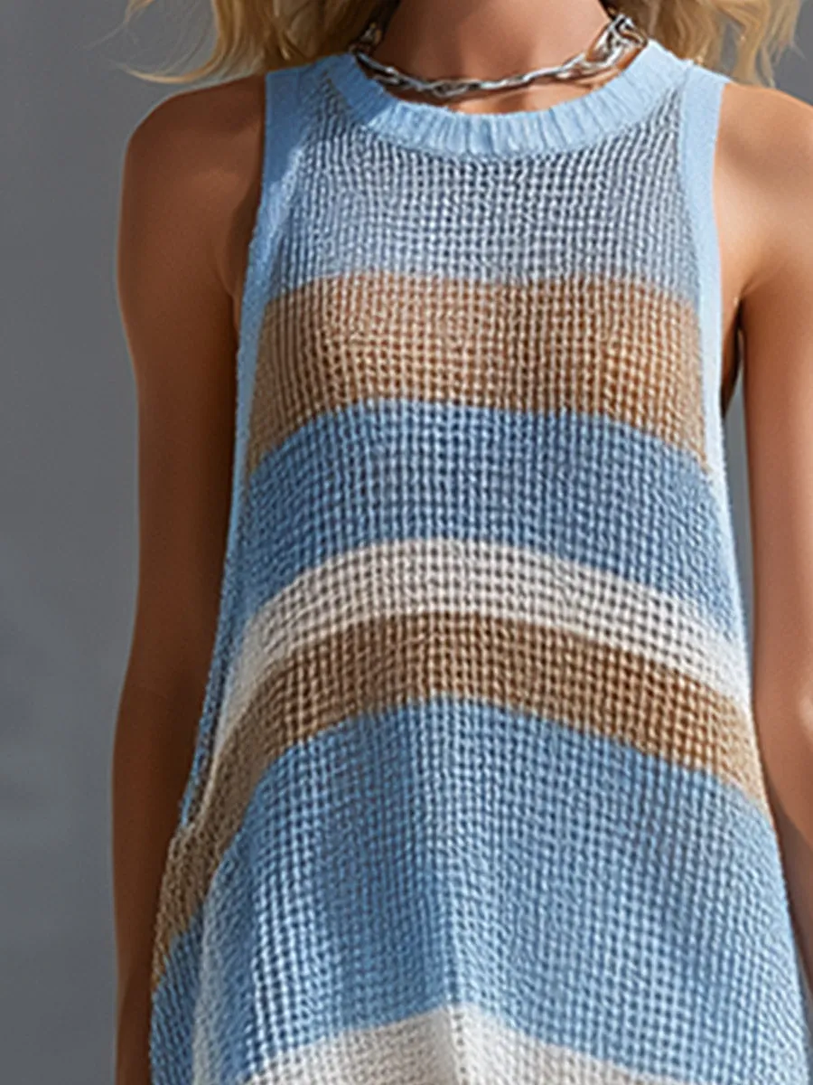 Elegant And Chic Color-Block Blue Lightweight Knit Sleeveless Mini Dress sold by Oyrosy product image thumbnail 3