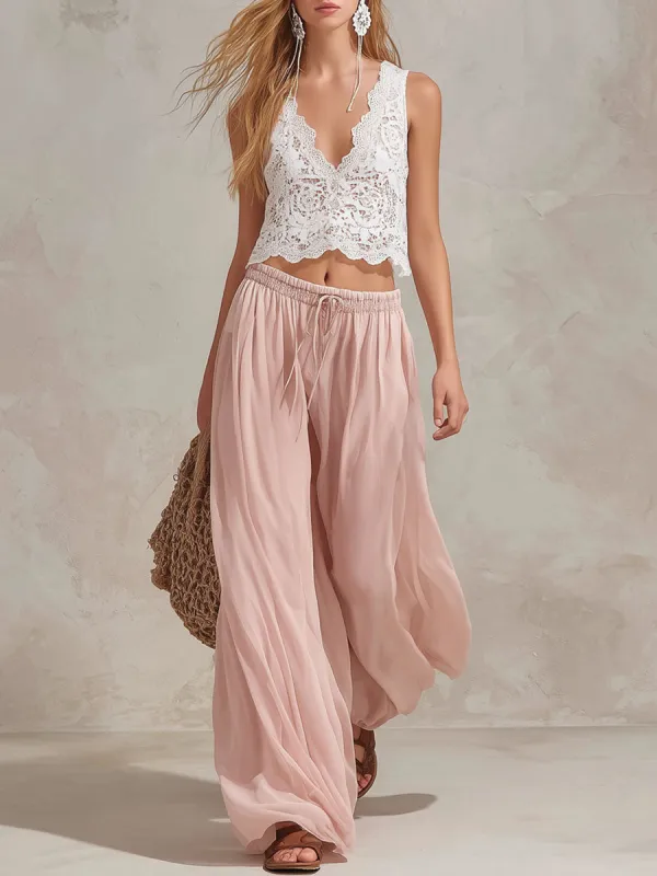 V-neck Lace Sleeveless Top And Chiffon Trousers Set made by Oyrosy