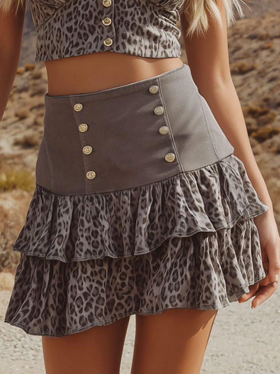 Faux Suede Leopard Print V-neck Sleeveless Top And Skirt Set sold by Oyrosy product image thumbnail 5