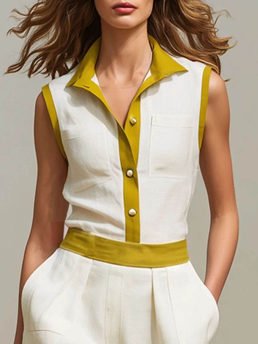 Casual Retro Color Block Cotton Linen Sleeveless Shirt And Shorts Set sold by Oyrosy product image thumbnail 4