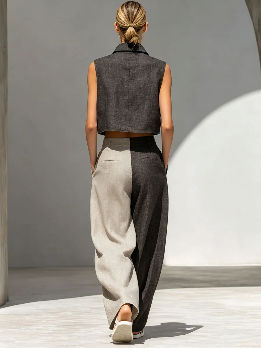 Casual Retro Color-blocked Sleeveless Top And Wide-leg Pants Set sold by Oyrosy product image thumbnail 3