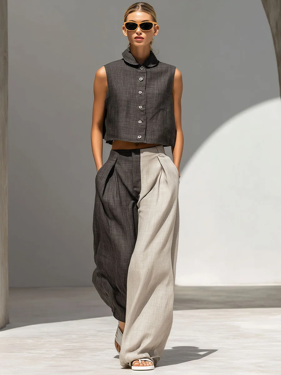 Casual Retro Color-blocked Sleeveless Top And Wide-leg Pants Set sold by Oyrosy product image thumbnail 2