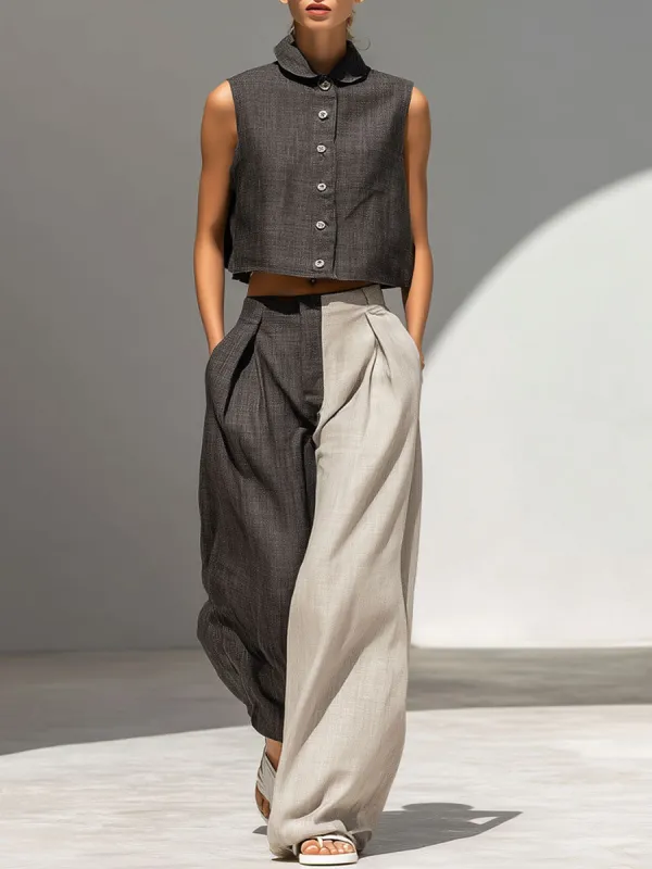 Casual Retro Color-blocked Sleeveless Top And Wide-leg Pants Set made by Oyrosy