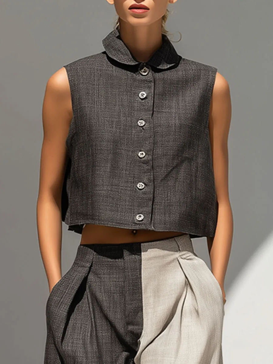 Casual Retro Color-blocked Sleeveless Top And Wide-leg Pants Set sold by Oyrosy product image thumbnail 4