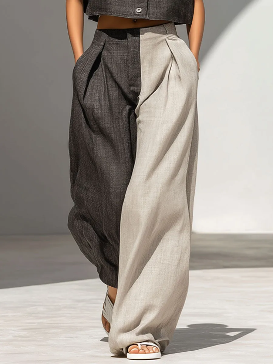 Casual Retro Color-blocked Sleeveless Top And Wide-leg Pants Set sold by Oyrosy product image thumbnail 5