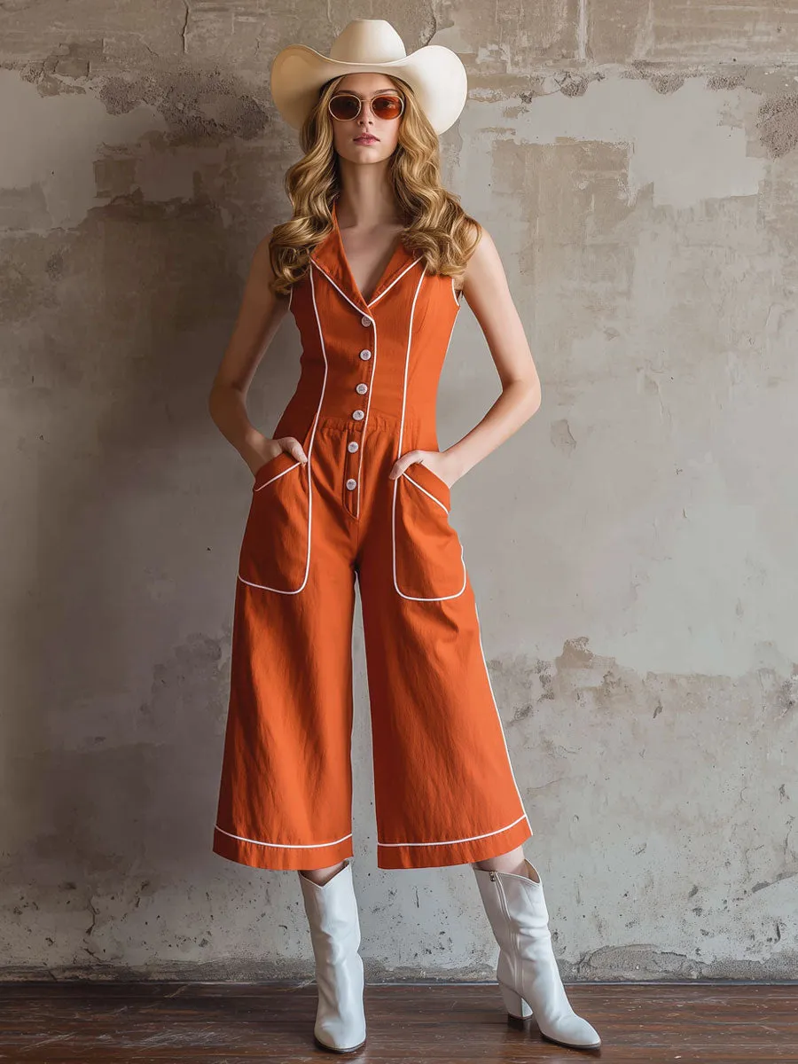 Casual Retro-trimmed Orange Cotton Linen Sleeveless Three-quarter Length Jumpsuit sold by Oyrosy product image thumbnail 2
