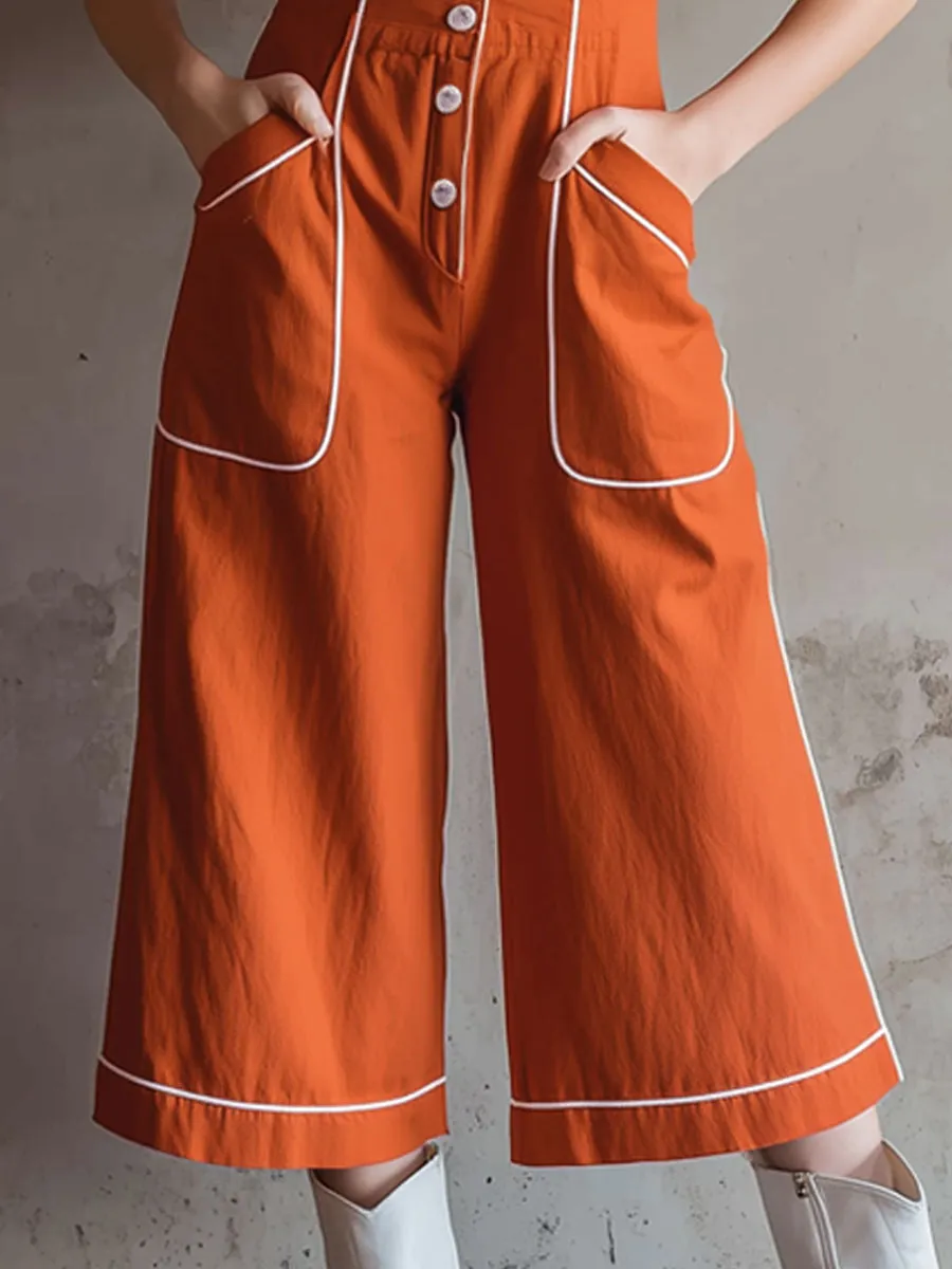 Casual Retro-trimmed Orange Cotton Linen Sleeveless Three-quarter Length Jumpsuit sold by Oyrosy product image thumbnail 5