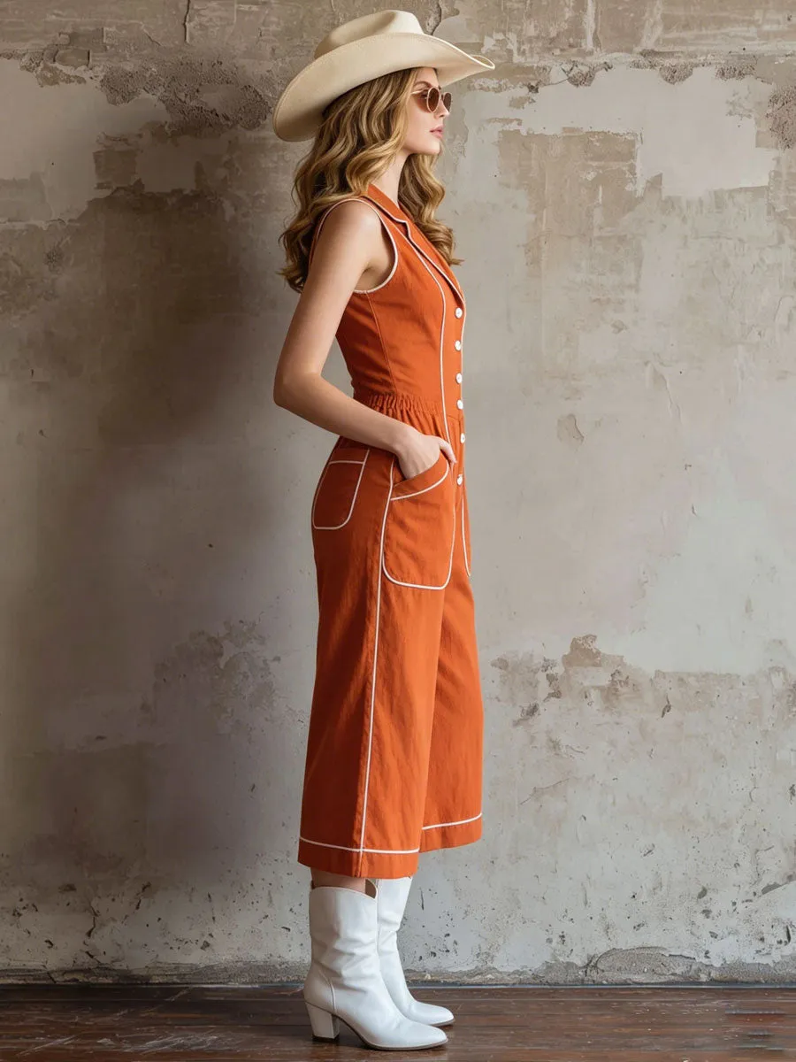 Casual Retro-trimmed Orange Cotton Linen Sleeveless Three-quarter Length Jumpsuit sold by Oyrosy product image thumbnail 3