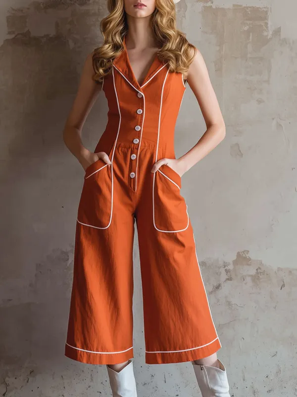 Casual Retro-trimmed Orange Cotton Linen Sleeveless Three-quarter Length Jumpsuit made by Oyrosy