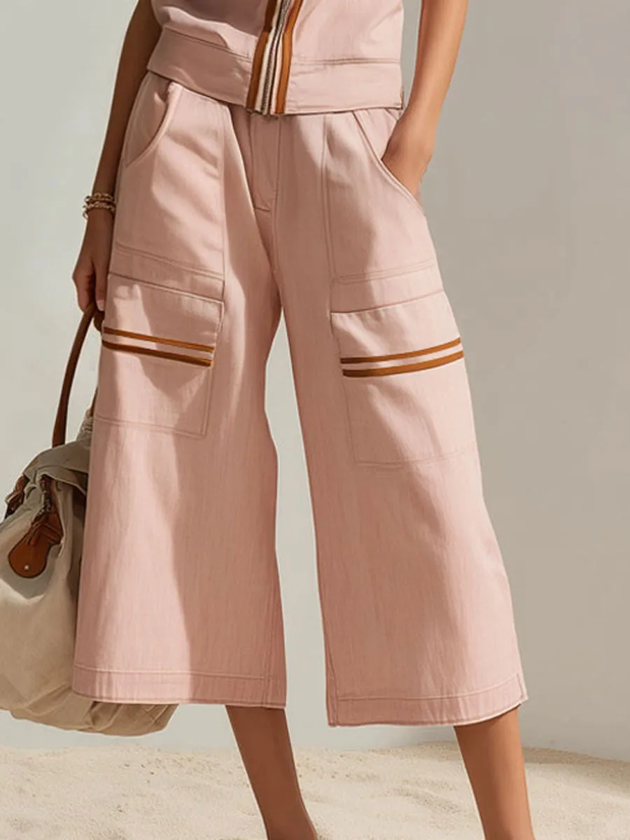 Casual Retro Pink Cotton Linen Sleeveless Hoodie And Capri Pants Set sold by Oyrosy product image thumbnail 5