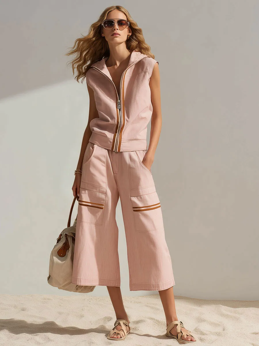 Casual Retro Pink Cotton Linen Sleeveless Hoodie And Capri Pants Set sold by Oyrosy product image thumbnail 2