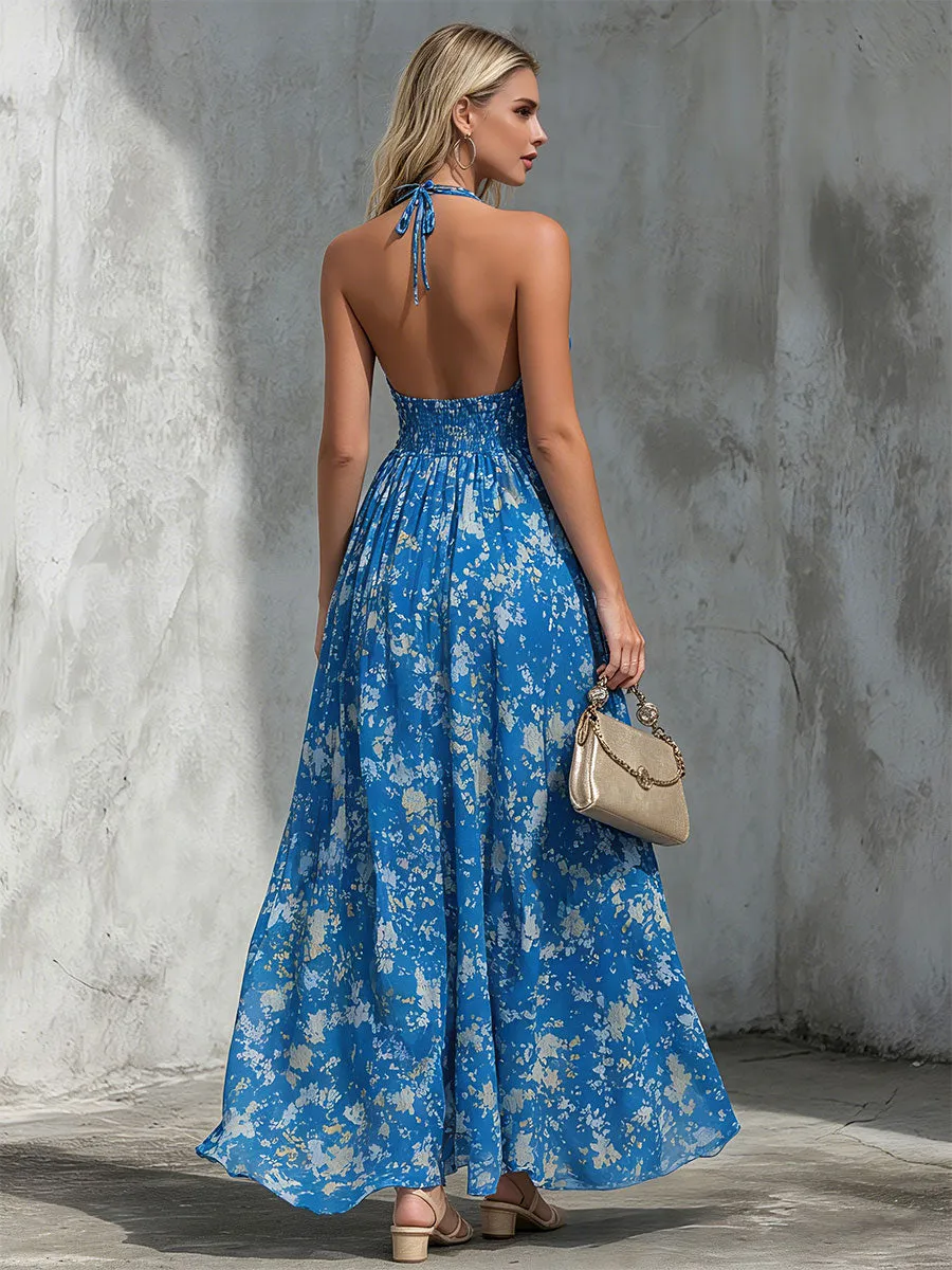 Elegant Retro-print Blue Halter Neck Chiffon Maxi Dress sold by Oyrosy product image thumbnail 4