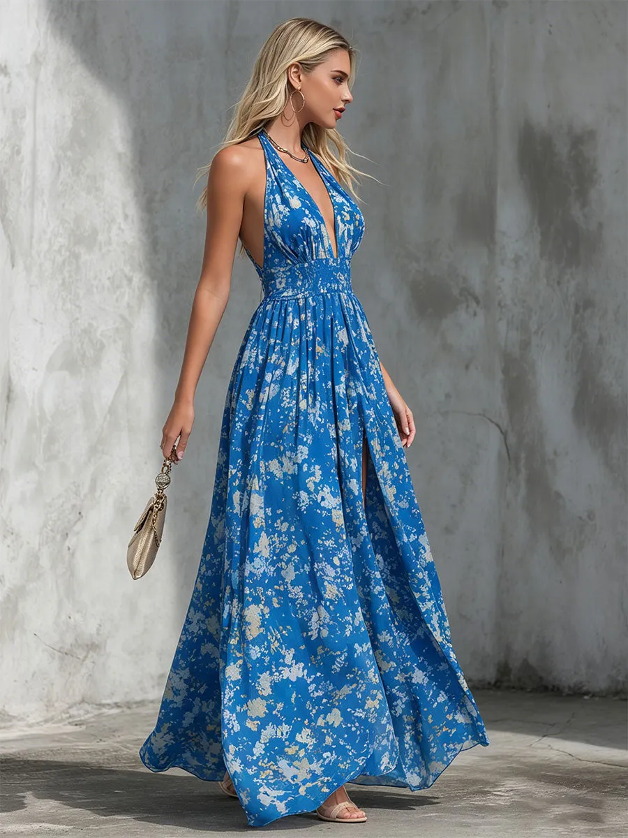 Elegant Retro-print Blue Halter Neck Chiffon Maxi Dress sold by Oyrosy product image thumbnail 3
