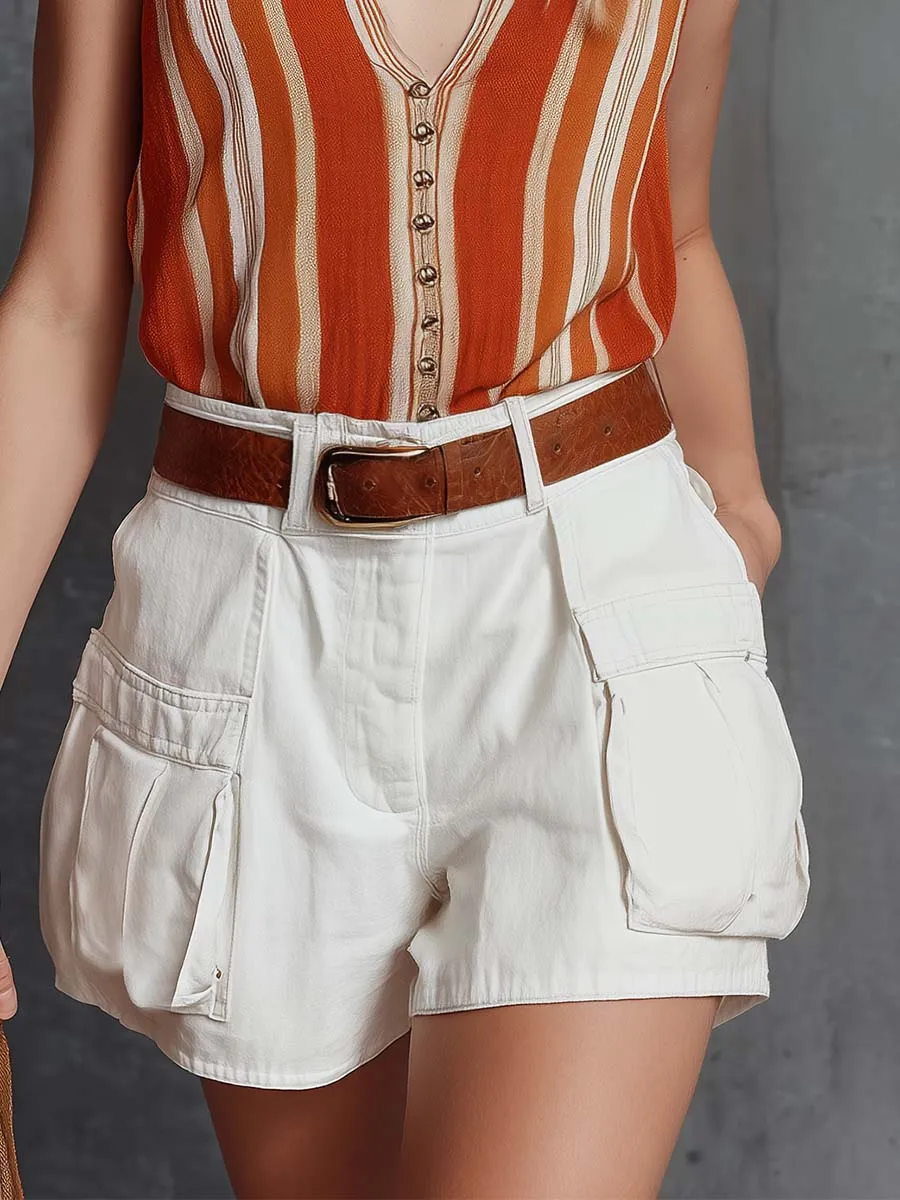 Retro Western V-Neck Striped Orange Chiffon Top And White Cotton-Linen Shorts Set sold by Oyrosy product image thumbnail 4