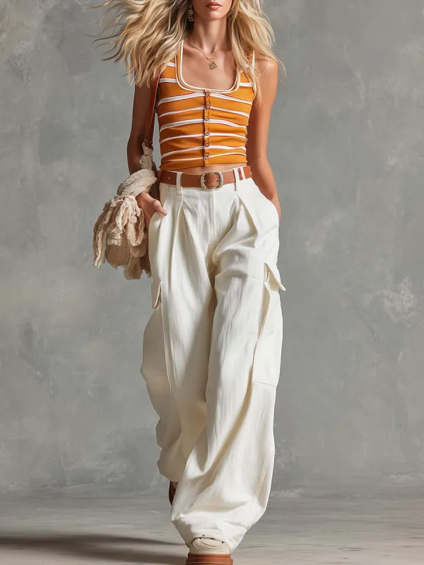 Casual Retro Square-Neck Orange Striped Top And White Cotton-Linen Pants Set made by Oyrosy