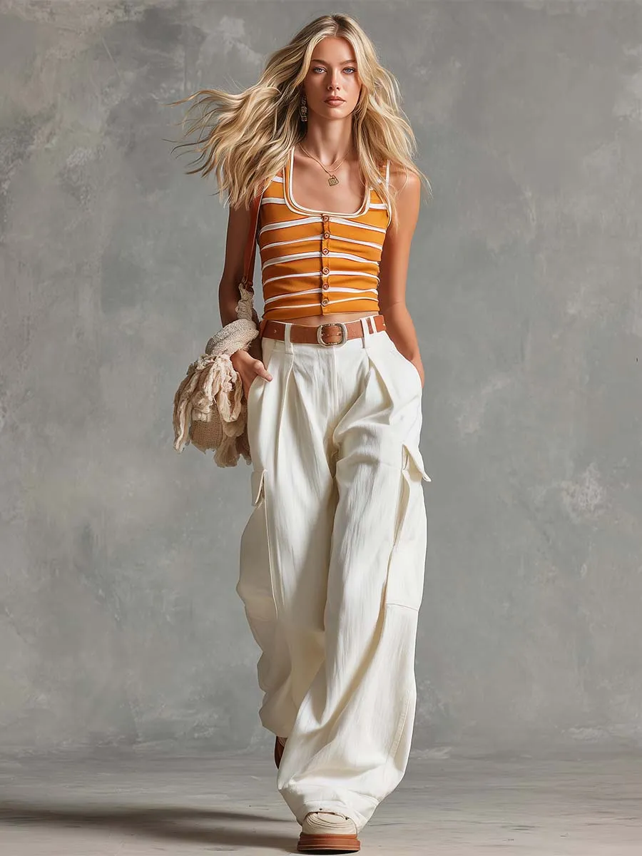 Casual Retro Square-Neck Orange Striped Top And White Cotton-Linen Pants Set sold by Oyrosy product image thumbnail 2