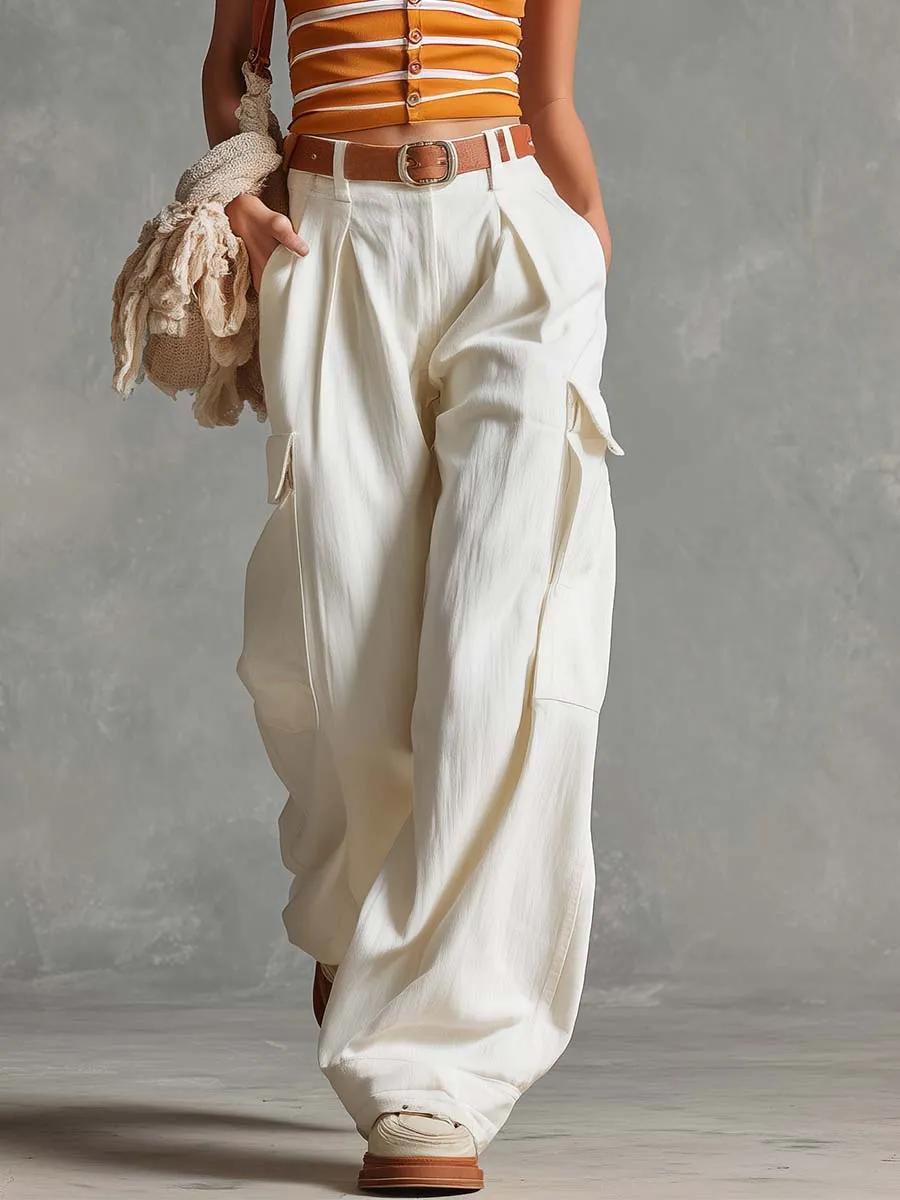Casual Retro Square-Neck Orange Striped Top And White Cotton-Linen Pants Set sold by Oyrosy product image thumbnail 3