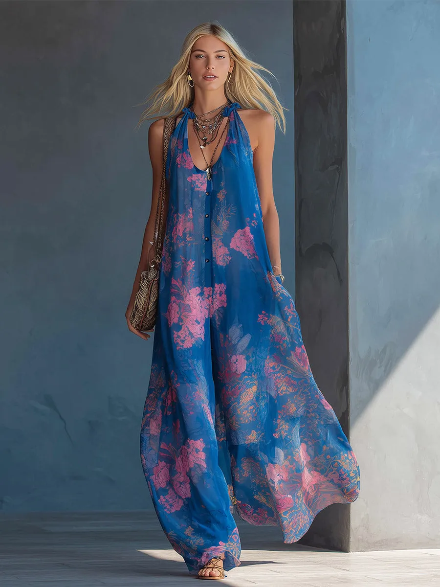 Elegant Retro Floral Print Blue Chiffon Loose Sleeveless Jumpsuit sold by Oyrosy product image thumbnail 2