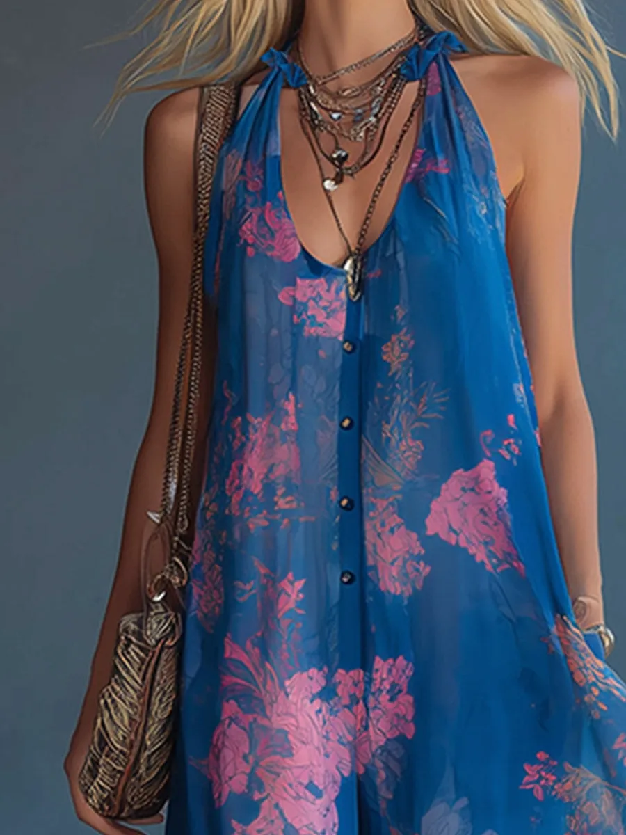 Elegant Retro Floral Print Blue Chiffon Loose Sleeveless Jumpsuit sold by Oyrosy product image thumbnail 3