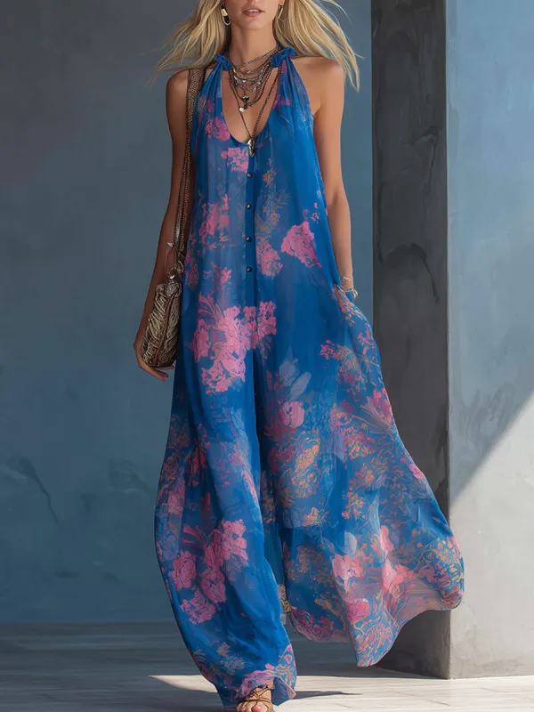 Elegant Retro Floral Print Blue Chiffon Loose Sleeveless Jumpsuit made by Oyrosy