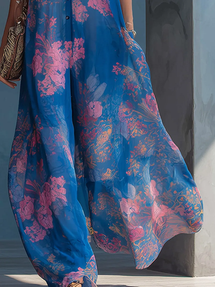 Elegant Retro Floral Print Blue Chiffon Loose Sleeveless Jumpsuit sold by Oyrosy product image thumbnail 4