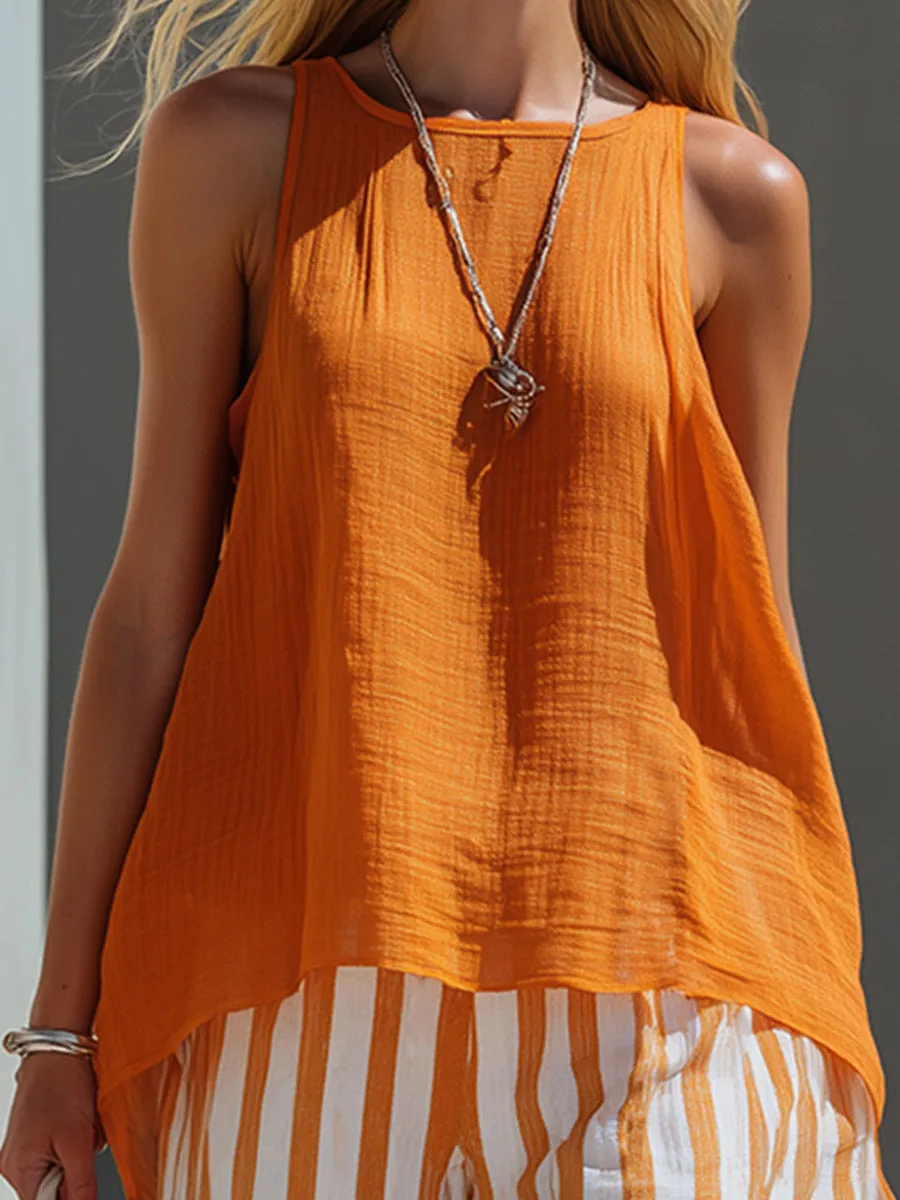 Elegant Retro-Silhouetted Orange Cotton-Linen Vest And Striped Shorts Set sold by Oyrosy product image thumbnail 3
