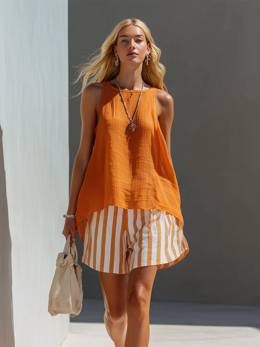 Elegant Retro-Silhouetted Orange Cotton-Linen Vest And Striped Shorts Set sold by Oyrosy product image thumbnail 2