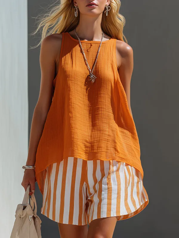 Elegant Retro-Silhouetted Orange Cotton-Linen Vest And Striped Shorts Set made by Oyrosy