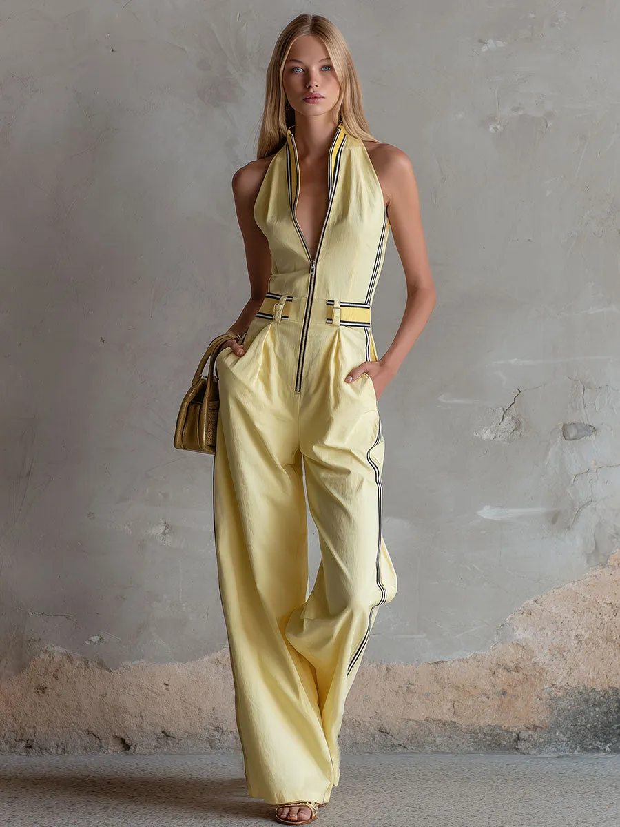 Casual Retro Color-blocked Yellow Cotton Linen Sleeveless Wide-leg Jumpsuit sold by Oyrosy product image thumbnail 2
