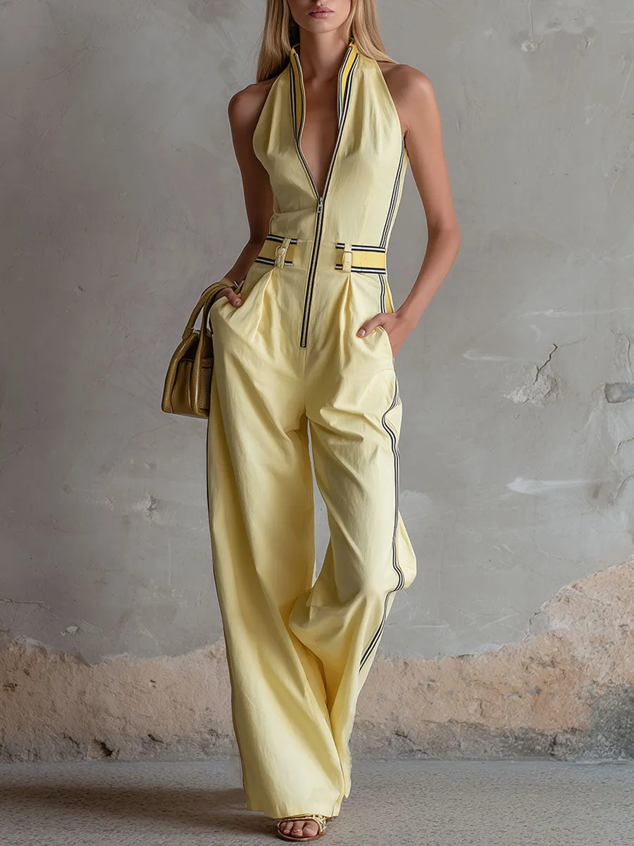 Casual Retro Color-blocked Yellow Cotton Linen Sleeveless Wide-leg Jumpsuit sold by Oyrosy