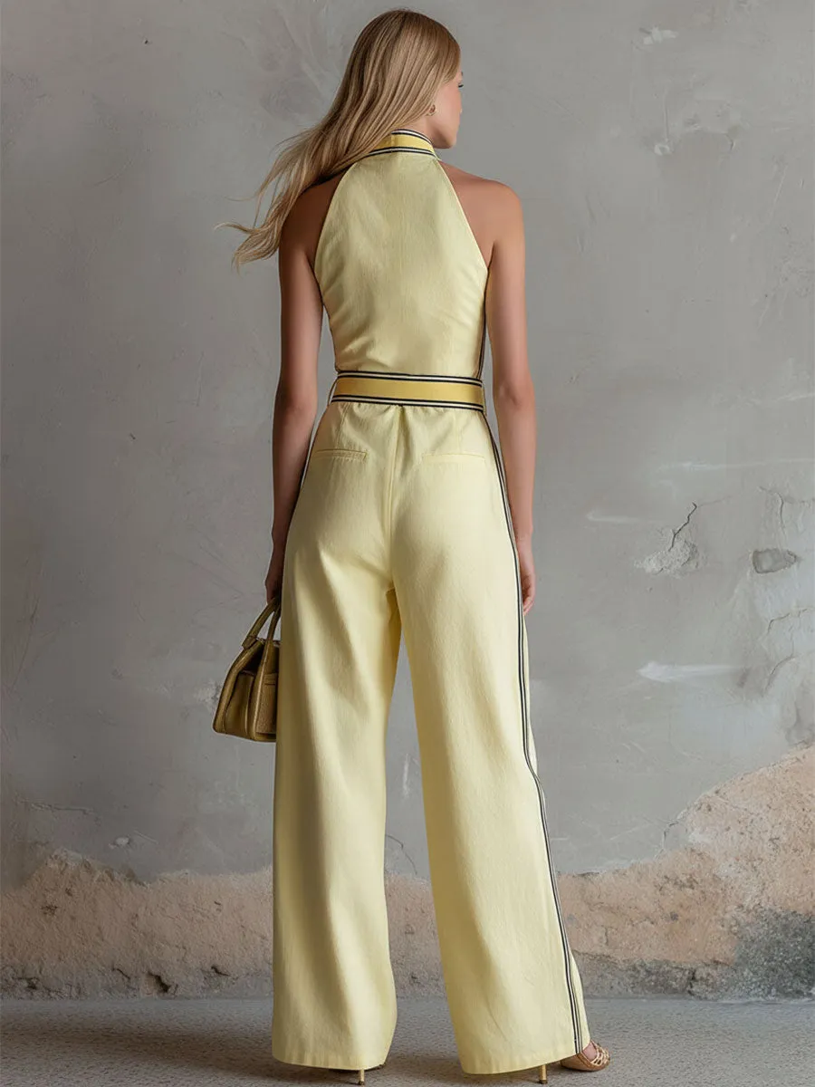 Casual Retro Color-blocked Yellow Cotton Linen Sleeveless Wide-leg Jumpsuit sold by Oyrosy product image thumbnail 4
