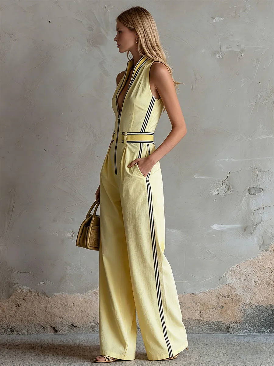 Casual Retro Color-blocked Yellow Cotton Linen Sleeveless Wide-leg Jumpsuit sold by Oyrosy product image thumbnail 3
