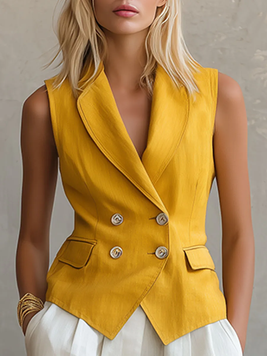 Casual Retro Yellow Cotton-linen Vest And White Wide-leg Shorts Set sold by Oyrosy product image thumbnail 5