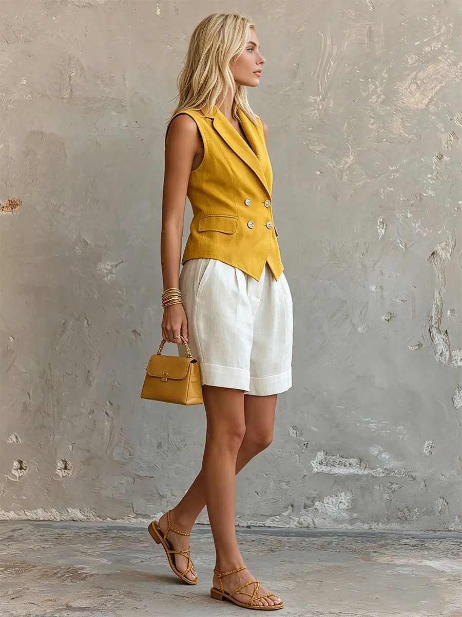 Casual Retro Yellow Cotton-linen Vest And White Wide-leg Shorts Set sold by Oyrosy product image thumbnail 3