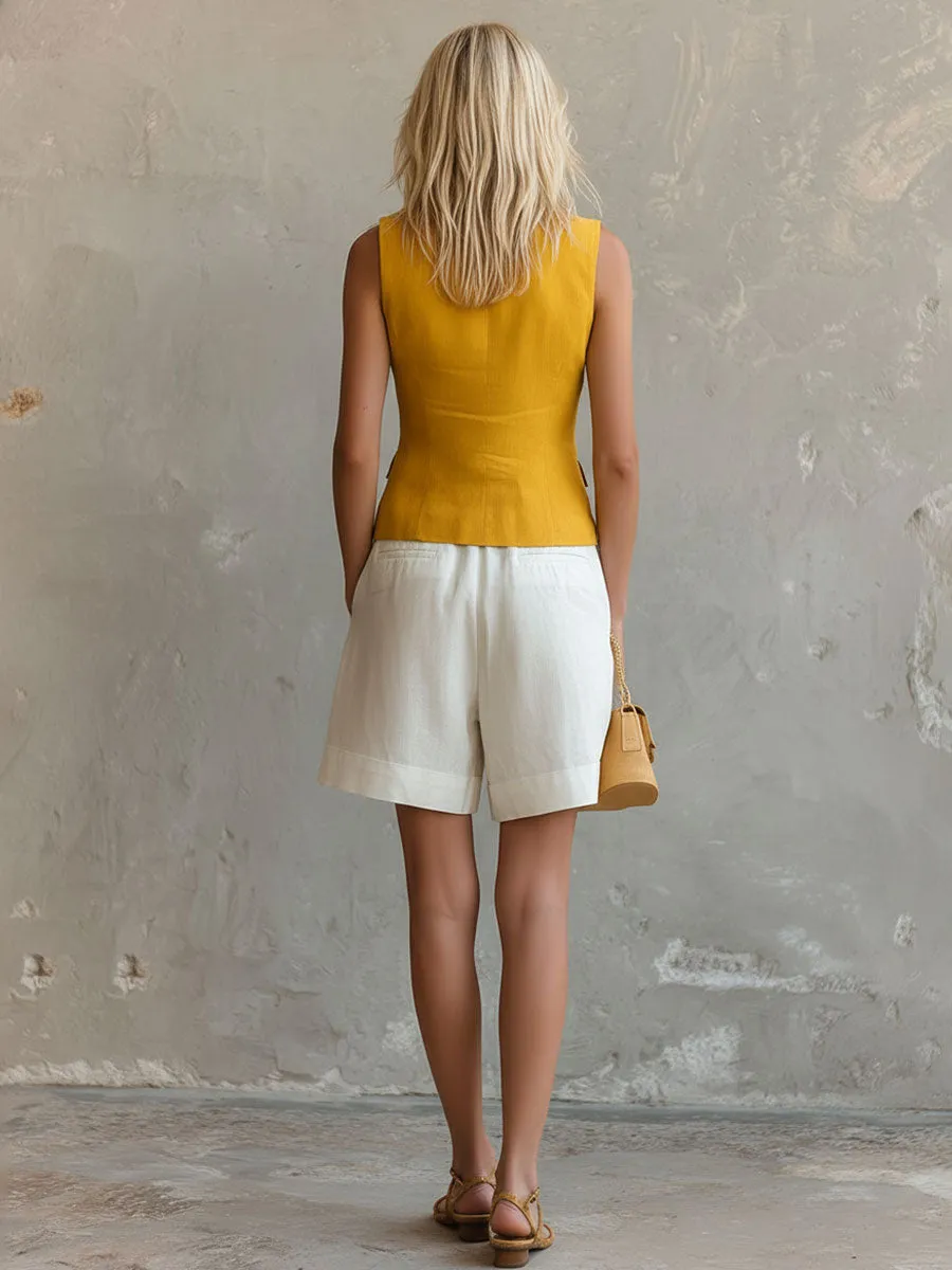 Casual Retro Yellow Cotton-linen Vest And White Wide-leg Shorts Set sold by Oyrosy product image thumbnail 4
