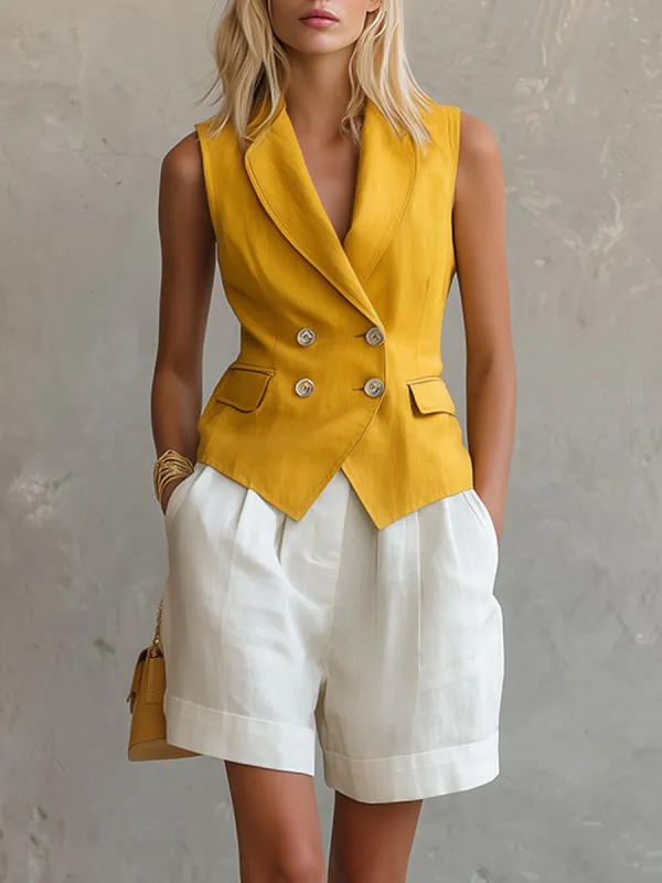 Casual Retro Yellow Cotton-linen Vest And White Wide-leg Shorts Set made by Oyrosy