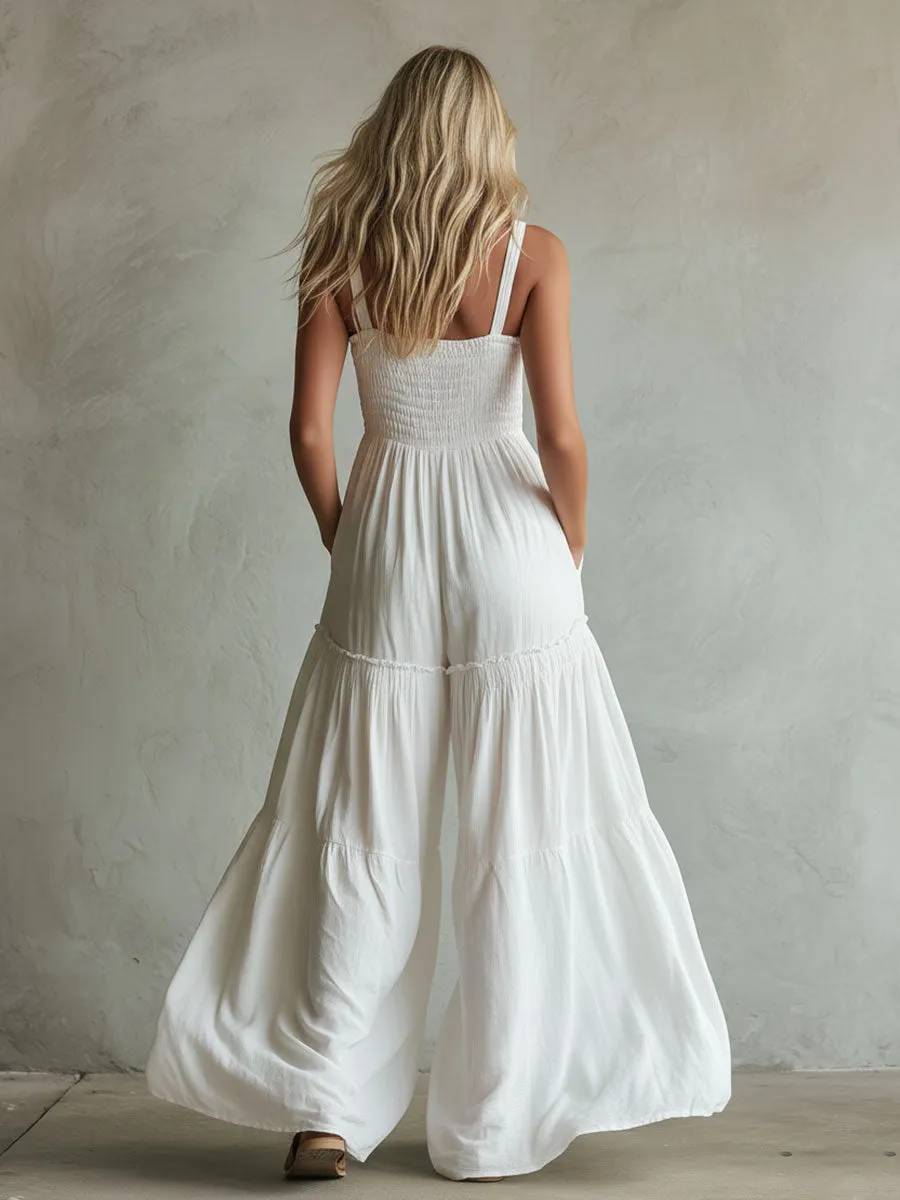 Casual Retro White Sleeveless Pleated Square Neck Pure Cotton Wide-leg Jumpsuit sold by Oyrosy product image thumbnail 4