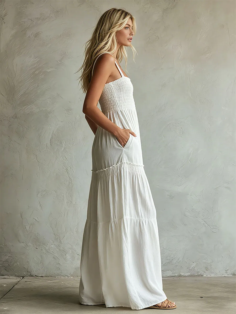 Casual Retro White Sleeveless Pleated Square Neck Pure Cotton Wide-leg Jumpsuit sold by Oyrosy product image thumbnail 3