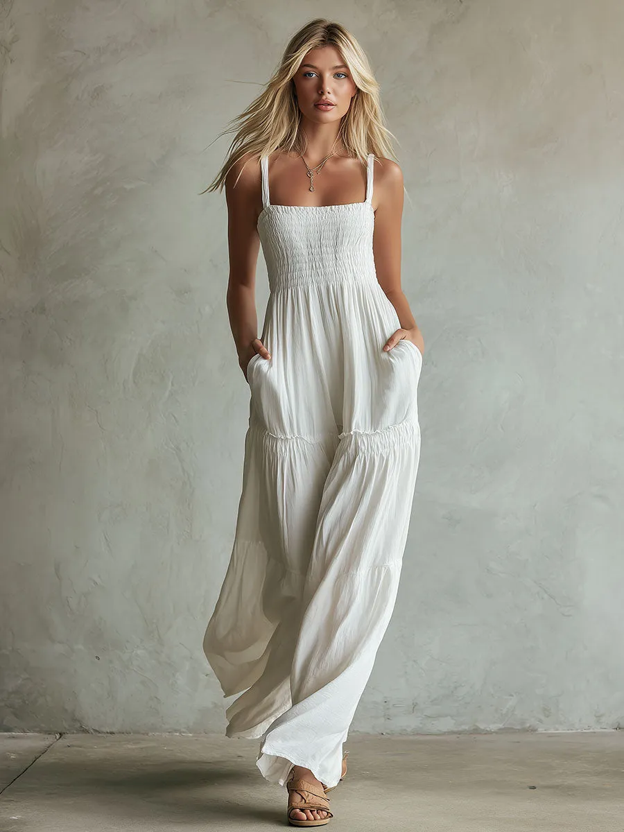 Casual Retro White Sleeveless Pleated Square Neck Pure Cotton Wide-leg Jumpsuit sold by Oyrosy product image thumbnail 2
