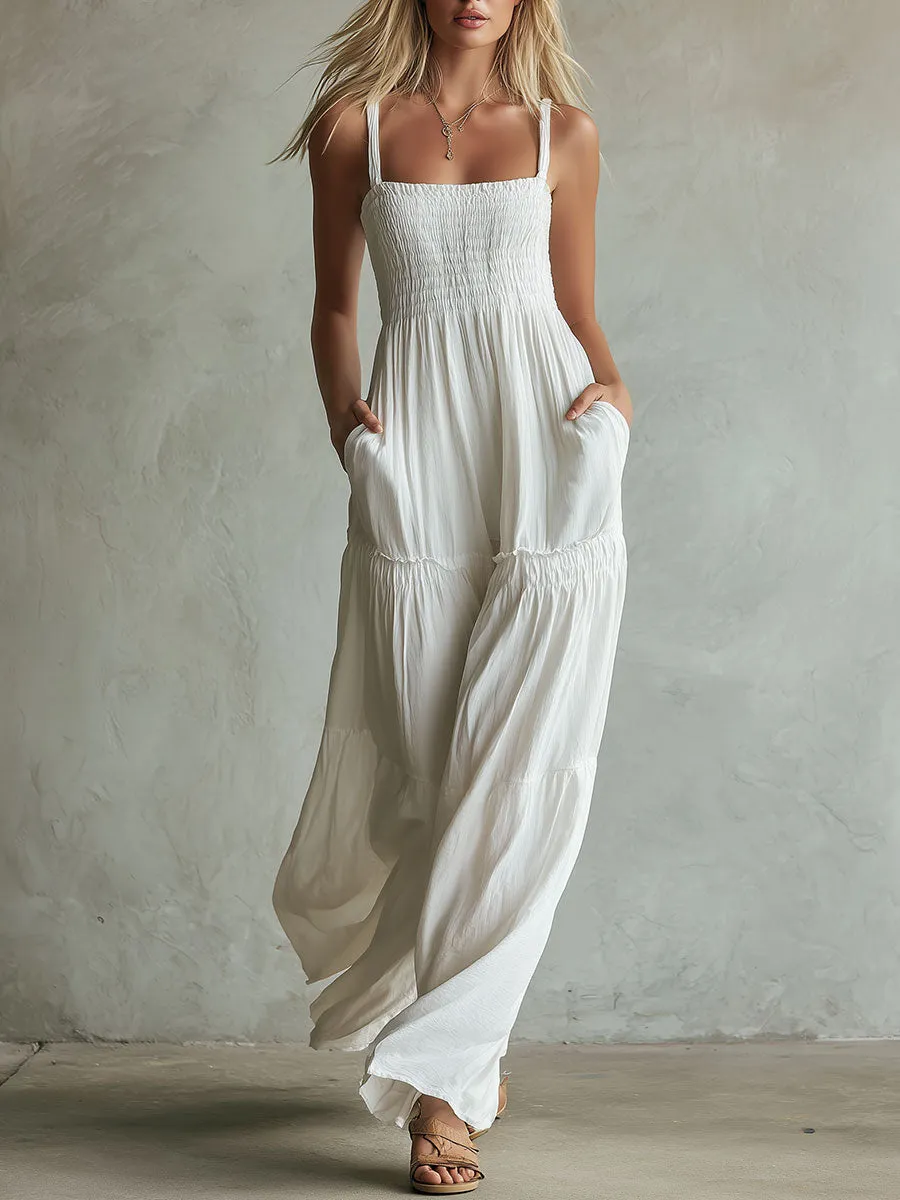 Casual Retro White Sleeveless Pleated Square Neck Pure Cotton Wide-leg Jumpsuit sold by Oyrosy