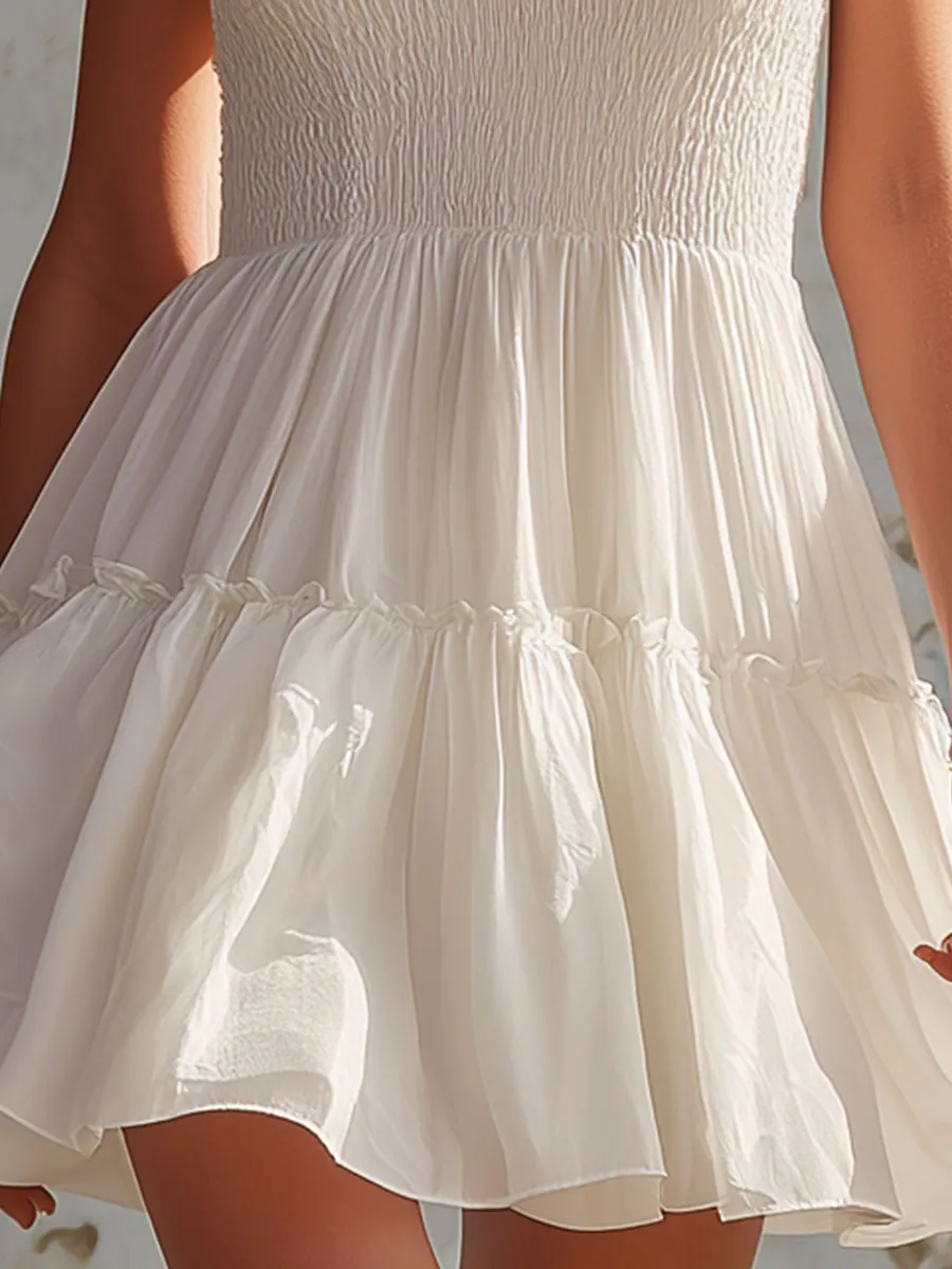 Retro-elegant White Pleated Spaghetti Strap Chiffon Mini Dress sold by Oyrosy product image thumbnail 5