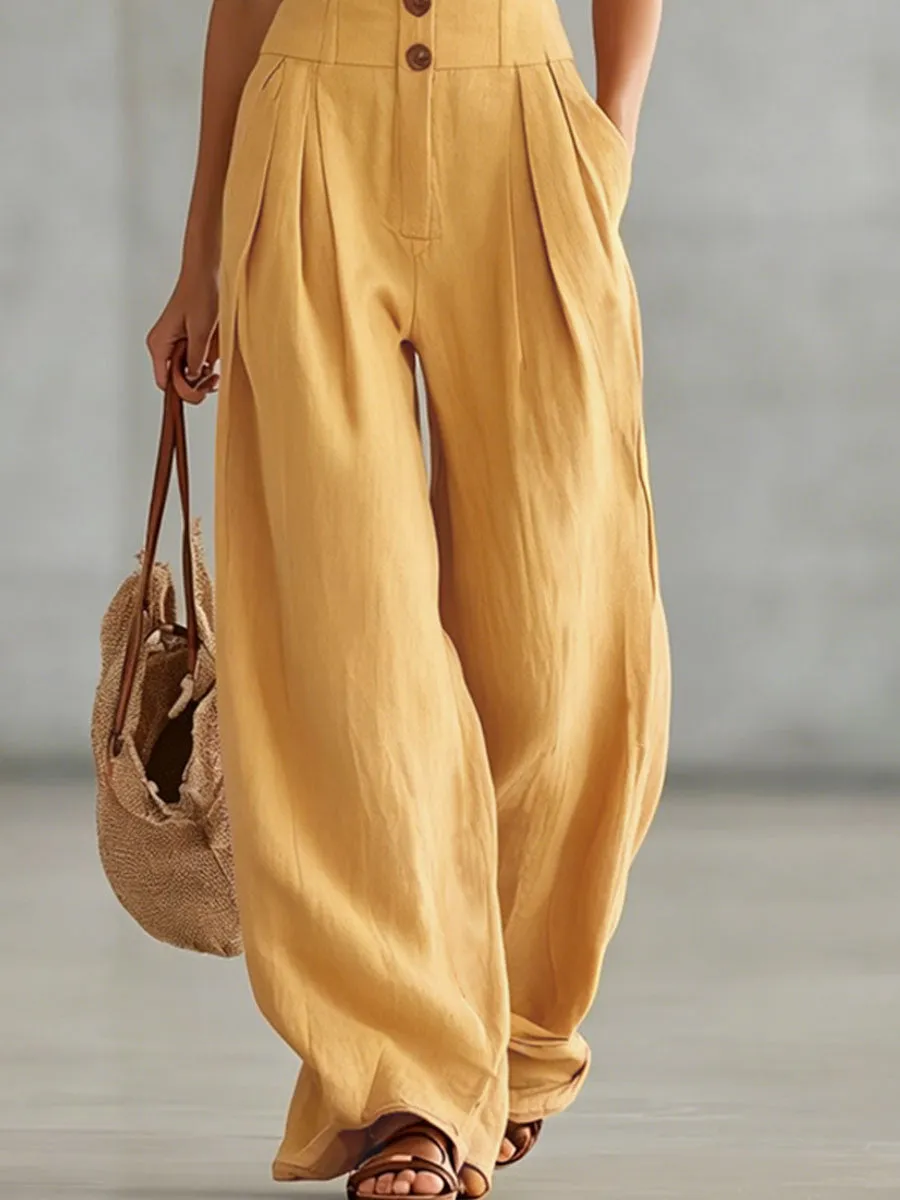 Retro-style Wide-strap Single-breasted Cotton-linen Sleeveless Jumpsuit sold by Oyrosy product image thumbnail 5