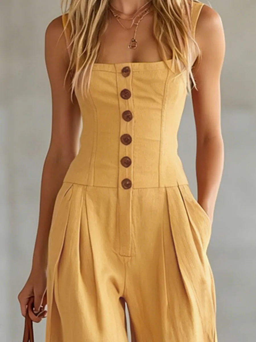 Retro-style Wide-strap Single-breasted Cotton-linen Sleeveless Jumpsuit sold by Oyrosy product image thumbnail 4