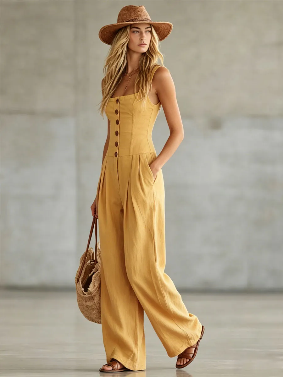 Retro-style Wide-strap Single-breasted Cotton-linen Sleeveless Jumpsuit sold by Oyrosy product image thumbnail 2