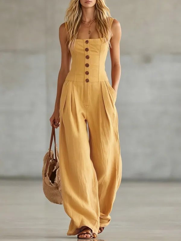 Retro-style Wide-strap Single-breasted Cotton-linen Sleeveless Jumpsuit made by Oyrosy