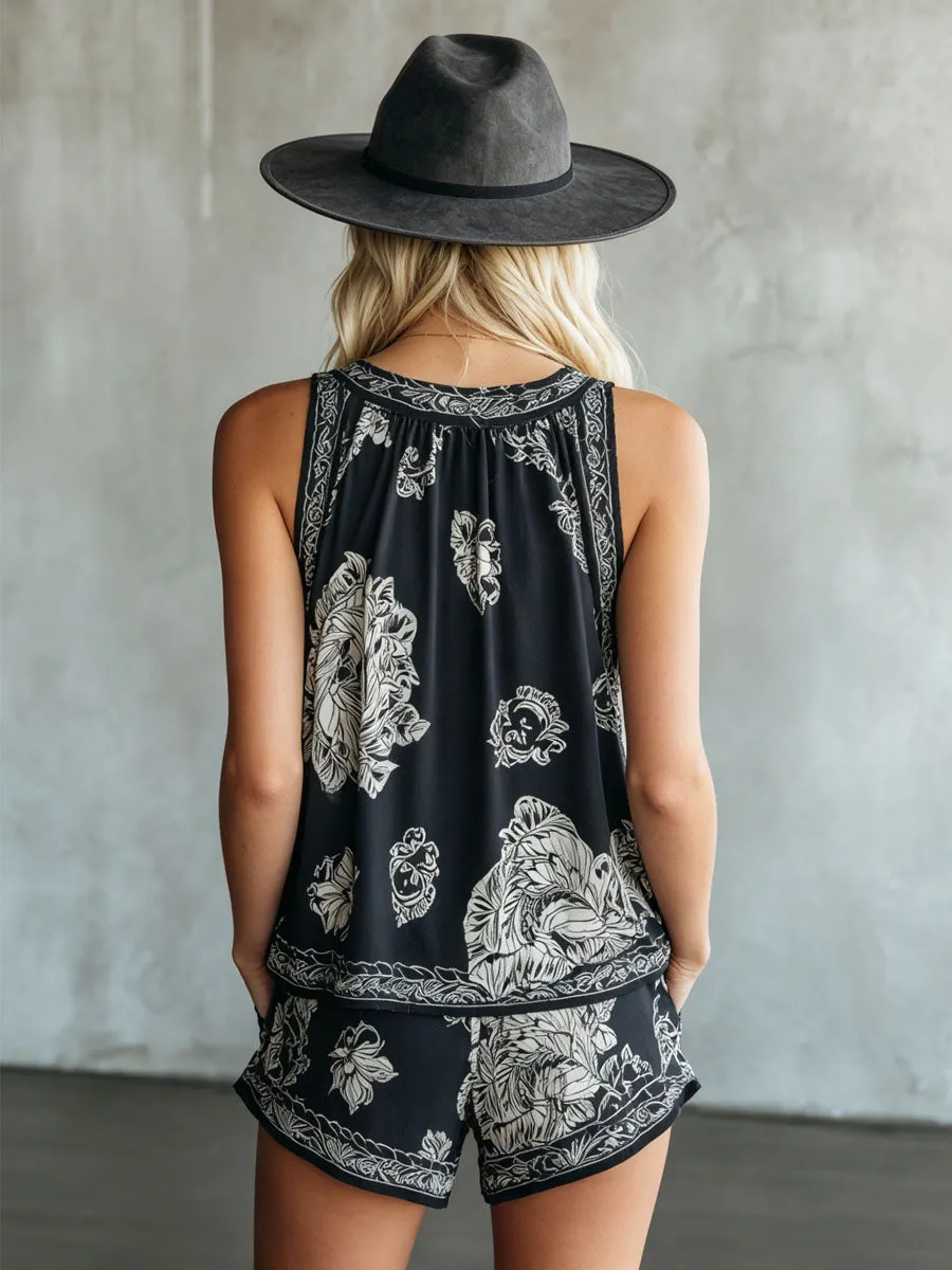 Retro Floral Print Chiffon Sleeveless Top And Shorts Set sold by Oyrosy product image thumbnail 3