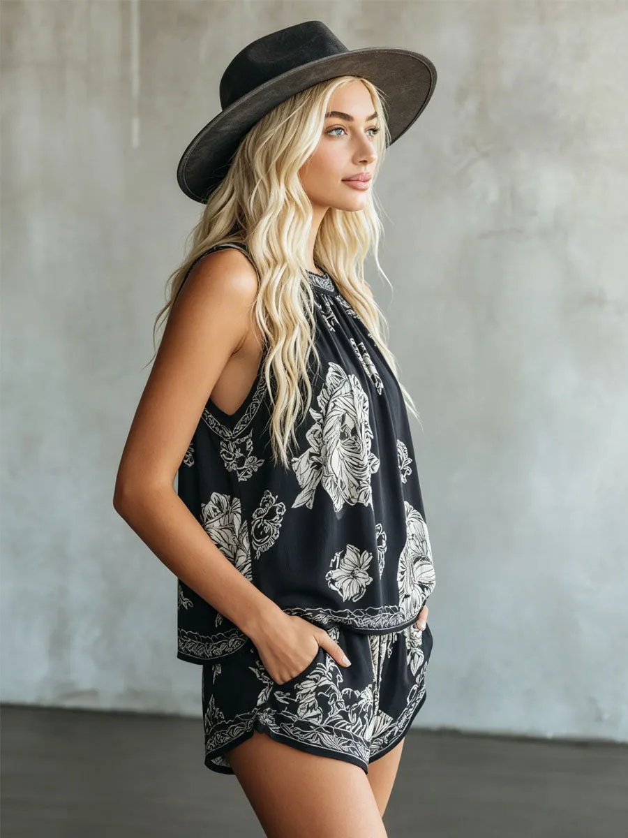 Retro Floral Print Chiffon Sleeveless Top And Shorts Set sold by Oyrosy product image thumbnail 2