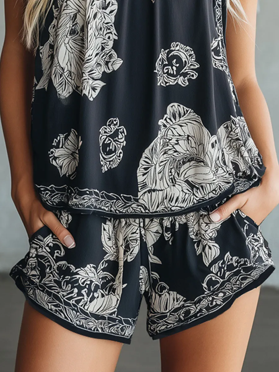 Retro Floral Print Chiffon Sleeveless Top And Shorts Set sold by Oyrosy product image thumbnail 5